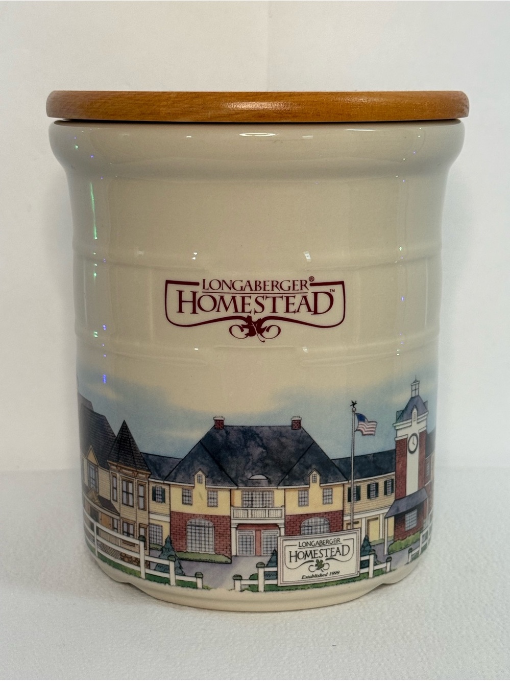 Longaberger Homestead Ceramic Crock with Wood Lid - Cream